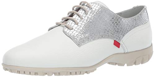 Marc Joseph New York Womens Golf Genuine Leather Made in Brazil Pacific Lace up Fashion Shoe Moccasin, White Grainy/Silver, 7.5 B(M) US