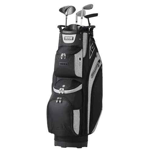 VEVOR Golf Cart Bag with 14 Way Organizer Divider Top, Premium Cart Bag with Stand, Durable Golf Bags with Handles & Dust Cover & Detachable Dual Strap for Men & Women (Black+Light Gray, 14 Pockets)