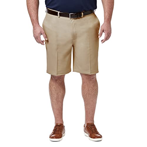Haggar Men's Cool 18 Pro Straight Fit Stretch Solid Flat Front Short, Khaki, 36