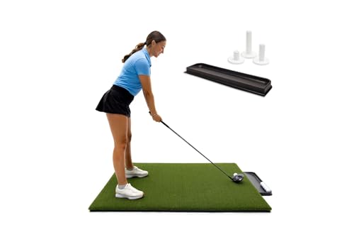 Commercial Golf Mat - 5x5 Feet Premium Turf Indoor/Outdoor Golf Mat. Bonus Ball Tray + 3 Rubber Golf Tees (30mm)