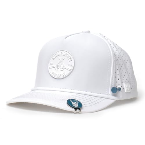 BRIMZ Golf Performance Hat - Breathable Sweat & Water Resistant Golfing Snapback Cap with Tee Holder & Magnetic Ball Marker (White - Beers & Bogeys)