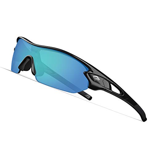 TOREGE Polarized Sports Sunglasses with 3 Interchangeable Lenes for Men Women Cycling Running Driving Fishing Golf Baseball Glasses TR02 (Black&Black&Ice Blue Lens)