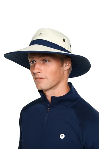 Coolibar UPF 50+ Men's Women's Matchplay Golf Hat - Sun Protective (Small/Medium- Stone/Navy)