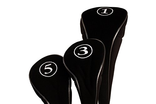 Black Golf Zipper Head Covers Driver 1 3 5 Fairway Woods Headcovers Metal Neoprene Traditional Plain Protective Covers Fits All Fairway Clubs and Drivers up to 460cc