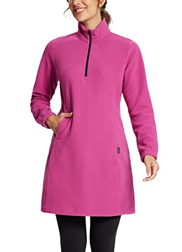 BALEAF Women's Fleece Dress Long Sleeve Quarter Zip Pullover Tunic Polar Winter Sweatshirt Cover Ups Pocket Violet Rose L