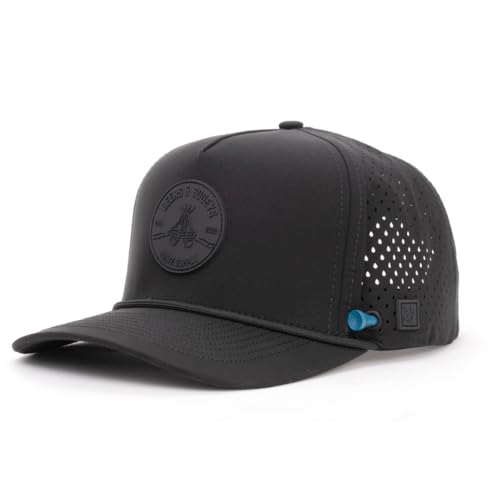 BRIMZ Golf Performance Hat - Breathable Sweat & Water Resistant Golfing Snapback Cap with Tee Holder & Magnetic Ball Marker (Black Out - Beers & Bogeys)