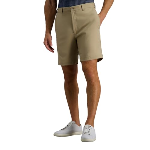 Haggar Men's Cool 18 Pro Straight Fit Flat Front 4-Way Stretch Expandable Waist Short, Khaki, 36