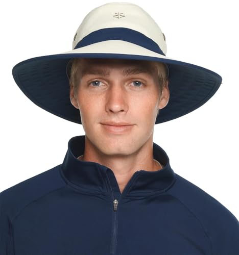 Coolibar UPF 50+ Men's Women's Matchplay Golf Hat - Sun Protective (Small/Medium- Stone/Navy)