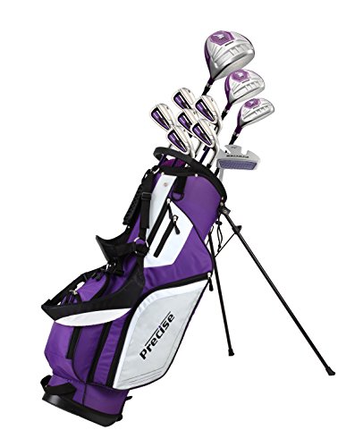 Precise M5 Ladies Womens Complete Right Handed Golf Clubs Set Includes Titanium Driver, S.S. Fairway, S.S. Hybrid, S.S. 5-PW Irons, Putter, Stand Bag, 3 H/C's Purple (Right Hand Petite Size -1')