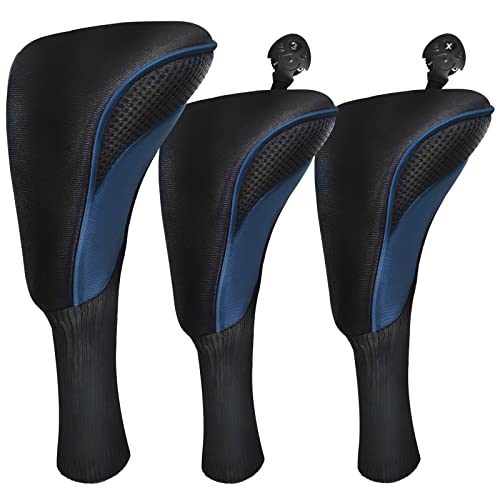 Golf Club Head Covers for Fairway Woods Driver Hybrids 3 Pieces Long Neck Mesh Sports Fan Golf Club Headcovers Set with Interchangeable No. Tags 3 4 5 6 7 X Golf Accessories for Men Women (Black Blue)