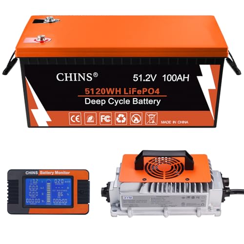 CHINS 48V Lithium Golf Cart Battery, 48 Volt 100Ah LiFePO4 Battery, Built-in Bluetooth 200A BMS, Includes 48V 18A Lithium Battery Charger, Perfect for Golf Carts, Trolling Motors, Marine