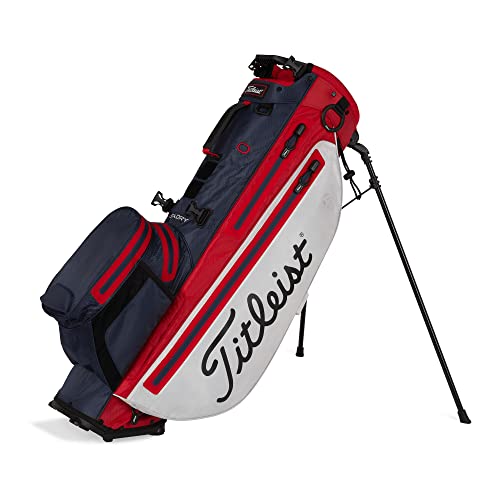 Titleist Players 4 StaDry Waterproof Golf Bag Golfing Accessory with Stand, Strap, Lined Drink Sleeve, Apparel Pocket, & Tee Pocket, White/Navy/Red