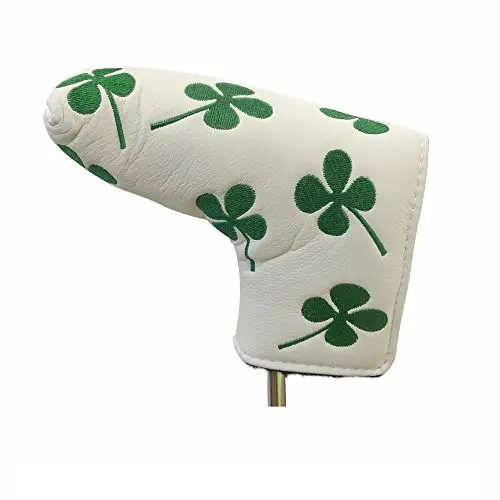JP Lann Four Leaf Clover Shamrock Golf Club Head Cover for Anser and Blade Style Putters (Available in Black/Green and White/Green) (White/Green)