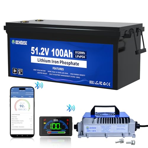 DC HOUSE 48V 100Ah Lithium Golf Cart Battery, Lifepo4 Battery with 48V 18A Lithium Batteries Charger, Built-in Smart 200A BMS, LCD Monitor & Mobile APP, Peak Current 600A