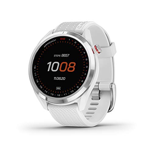 Garmin Approach S42, GPS Golf Smartwatch, Lightweight with 1.2' Touchscreen, 42k+ Preloaded Courses, Silver Ceramic Bezel and White Silicone Band, 010-02572-11