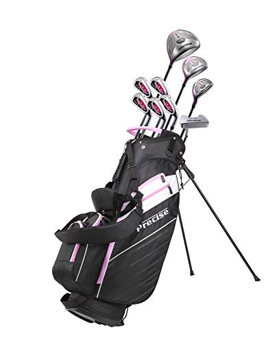 Precise AMG Ladies Womens Complete Golf Clubs Set Includes Driver, Fairway, Hybrid, 6-PW Irons, Putter, Stand Bag, 3 H/C's - Choose Color and Size! (Pink, Petite Size -1')