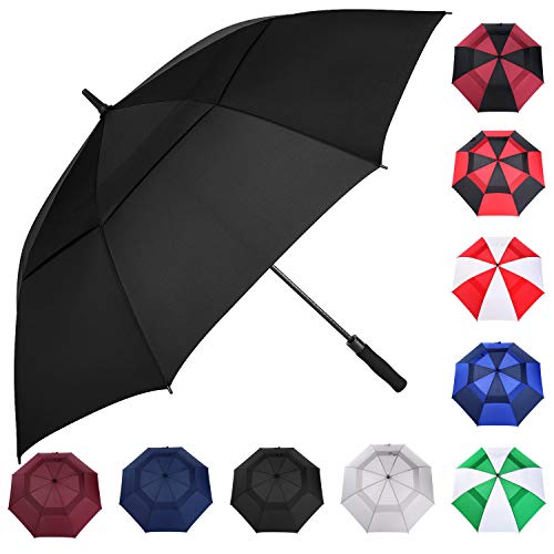 MRTLLOA Automatic Open Golf Umbrella, 62/68/72 Inch Extra-Large Oversized Double Canopy Vented Windproof Waterproof Stick Rain Golf Umbrellas for Men and Women (Black, 62 inch)