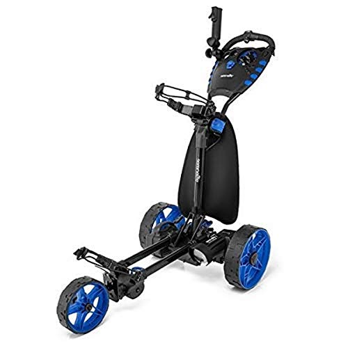 SereneLife 3-Wheel Electric Golf Push Cart - Rechargeable Lightweight Folding Walking Push Cart Roller Golf Bag Holder w/Foot Brake, Upper/Lower Bracket w/Elastic Strap, Umbrella Holder SLGZELEC