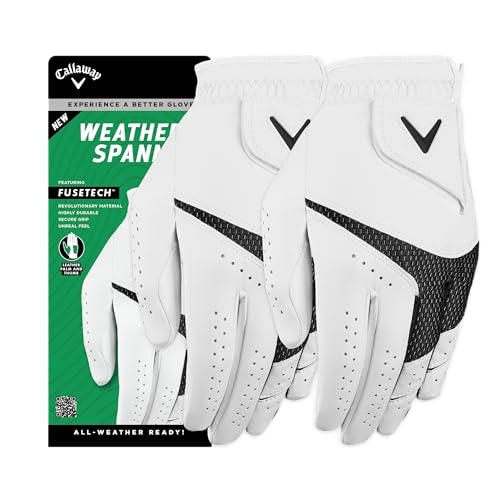 Callaway Golf Weather Spann Glove (Worn on Left Hand, Standard, Medium/Large, White (2-Pack))