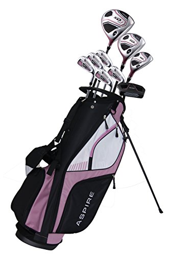 Aspire XD1 Ladies Womens Complete Right Handed Golf Clubs Set Includes Titanium Driver, S.S. Fairway, S.S. Hybrid, S.S. 6-PW Irons, Putter, Stand Bag, 3 H/C's Pink (Right Hand)