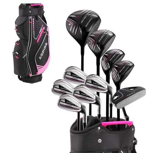Aspire PRO-X 16-Piece Womens Golf Club Set, Includes Titanium F Driver, #3 Fairway Wood, 4-5 Hybrids, 7-SW Irons, Putter, Cart Bag, 4 H/C's, Golf Clubs Women Right Handed, Regular & Petite Sizes