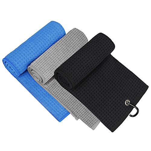 MOSUMI Golf Towel, 3 Pack Microfiber Golf Towels (16'x16') for Golf Bag with Carabiner Clip, Tri-fold Waffle Pattern Golf Towel, Blue, Black and Gray