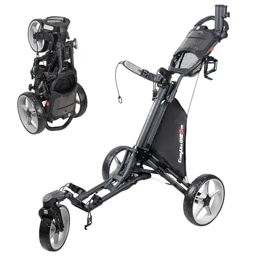 Caddytek CaddyLite One Swivel V8 Golf Push Cart – 3 Wheel Lightweight Folding Trolley with 360° Swivel Front Wheel, Cooler Basket, Umbrella and Drink Holder, Adjustable Handle
