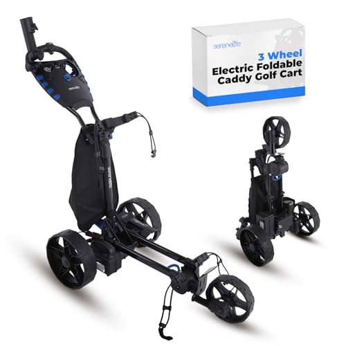 SereneLife 3-Wheel Electric Golf Push Cart - Rechargeable Lightweight Folding Walking Push Cart Roller Golf Bag Holder w/Foot Brake, Upper/Lower Bracket w/Elastic Strap, Umbrella Holder SLGZELEC