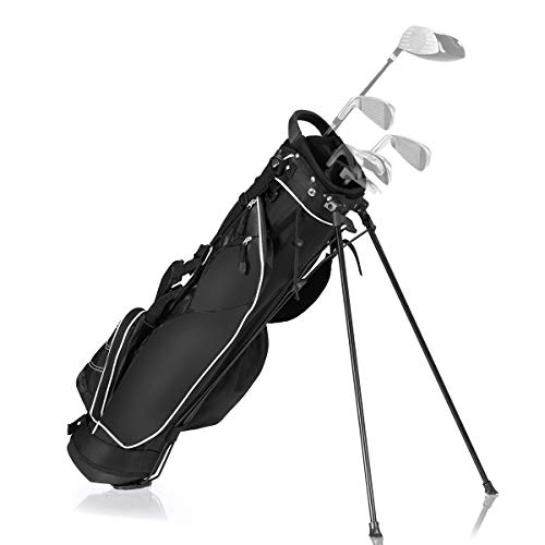 GYMAX Golf Stand Bag, 4 Way Divider Golf Bag with 4 Zippered Pockets, Cooler Bag, Rain Hood & Padded Shoulder Strap, Lightweight Portable Pitch n Putt Golf Clubs Bag for Men/Women (Black)