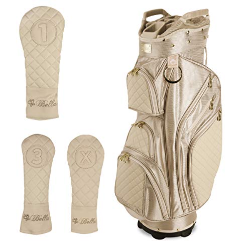 iBella Tan Ladies Golf Cart Bag with 3 Matching Headcovers, 14 Way Top Dividers, Oversized Putter Pit