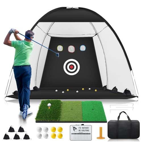 Golf Net, 10 x 7ft Golf Practice Net with Tri-Turf Golf Mat, All in 1 Golf Hitting Net with Scoreboard & Target, Golf Chipping/Swing Nets for Backyard Driving, Ideal Gift for Men/Father/Golfers.