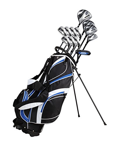 18 Piece Men's Complete Golf Club Package Set With Titanium Driver, #3 & #5 Fairway Woods, #4 Hybrid, 5-SW Irons, Putter, Stand Bag, 4 H/C's (Blue, Tall Size +1')