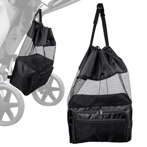 T TGBROS Universal Golf Push Cart Accessories - Expandable Mesh Storage Bag with Zippered Pockets, Backside Extension Net Organizer for Push-Pull Golf Carts (Black)