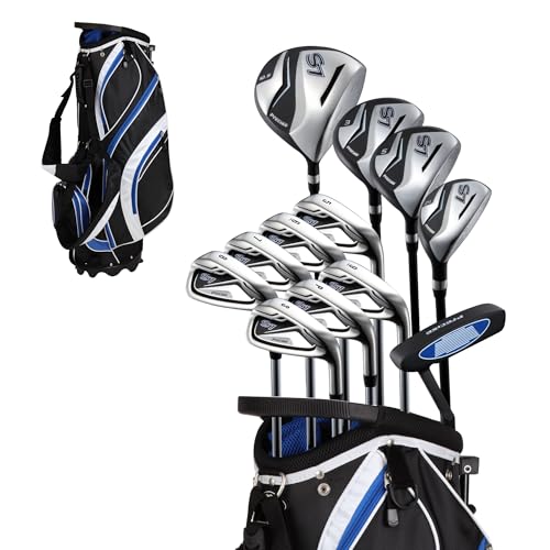 18 Piece Men's Complete Golf Club Package Set With Titanium Driver, #3 & #5 Fairway Woods, #4 Hybrid, 5-SW Irons, Putter, Stand Bag, 4 H/C's (Blue, Tall Size +1')