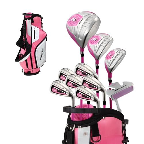Precise M5 Womens Golf Clubs Full Set, Titanium Driver, S.S. Fairway, S.S. Hybrid, S.S. 5-PW Irons, Putter, Stand Bag, 3 H/C's, Golf Clubs Women Right Handed, Pink (Pink, Right Hand Tall Size)