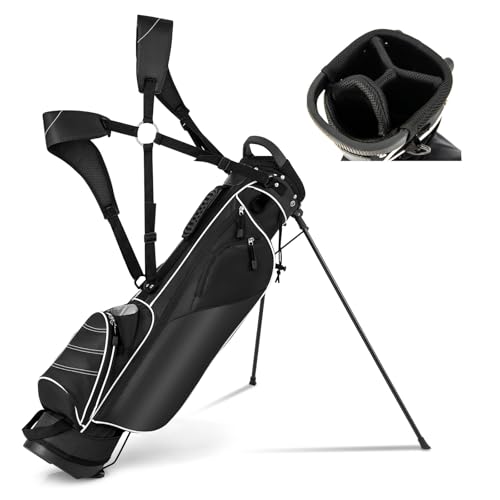 GYMAX Golf Stand Bag, 4 Way Divider Golf Bag with 4 Zippered Pockets, Cooler Bag, Rain Hood & Padded Shoulder Strap, Lightweight Portable Pitch n Putt Golf Clubs Bag for Men/Women (Black)