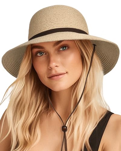 FURTALK Womens Wide Brim Sun Hat with Wind Lanyard UPF Summer Straw Sun Hats for Women