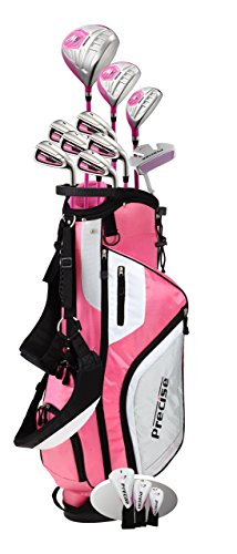 Precise M5 Ladies Womens Complete Right Handed Golf Clubs Set Includes Titanium Driver, S.S. Fairway, S.S. Hybrid, S.S. 5-PW Irons, Putter, Stand Bag, 3 H/C's Pink (Pink, Right Hand Tall Size +1')