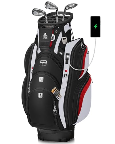 Vancropak Golf Cart Bag, 15 Way Divider Top Golf Bag with USB Charging Port, Waterproof Protective Rain Cover, Shoe Compartment, Cooler Pocket, Tracker Slot, Umbrella Holder, Gifts for Men