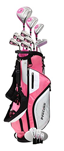 Precise M5 Womens Golf Clubs Full Set, Includes Titanium Driver, S.S. Fairway, S.S. Hybrid, S.S. 5-PW Irons, Putter, Stand Bag, 3 H/C's, Golf Clubs Women Right Handed, Pink