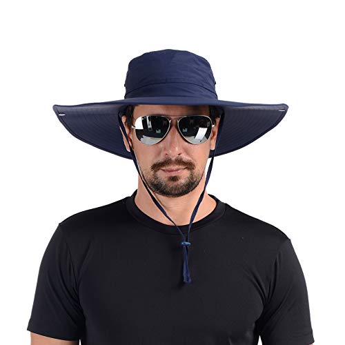 USHAKE Flat Super Wide Brim Fishing Hat Bucket Hat, Safari Hat UPF 50+ Sun Hat… Navy Blue