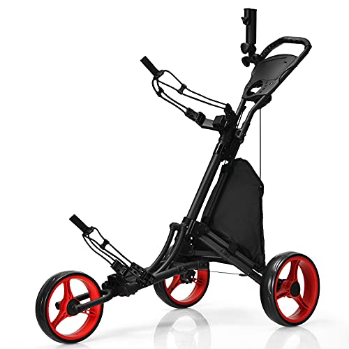 Tangkula Golf Push Pull Cart, Lightweight Foldable Collapsible 3 Wheels Golf Push Cart, Golf Trolley w/Storage Bag, Elastic Strap, Cup Holder, Scoreboard Storage & Foot Brake (Red)