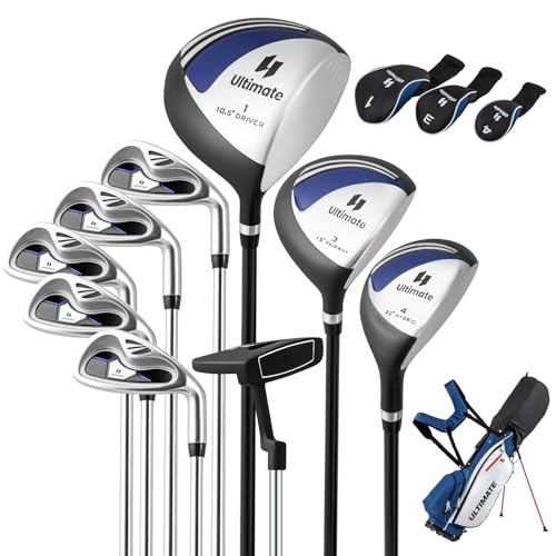 Tangkula Complete Golf Clubs Package Set 10 Pieces for Men & Women Right Hand, Includes 460cc Alloy Driver, 3# Fairway Wood, 4# Hybrid, 6#, 7#, 8#, 9# & P# Irons, Putter, Stand Bag (Blue)