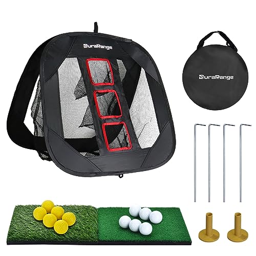 DURARANGE Pop-up Golf Chipping Net Set - Foldable Training Kit with 2 Hitting Mats, 6 Practice Balls, 6 Foam Balls - Ultimate Golf Gift & Target Chipping Aids, Black