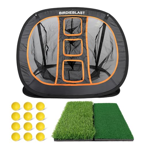 BIRDIEBLAST Professinoal Golf Chipping Net with Golf Hitting Mat,12 Practice Foam Balls and 2 Pixing Pins, for Indoor and Outdoor Target Chipping Training (Chipping Net+Dual-Turf Hitting Mat)