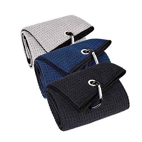 LUSTEMBER 3 Pack Large Golf Towels, 16' x 24' Tri-Fold Portable Microfiber Fabric Waffle Pattern Golf Towel for Golf Bag with Carabiner Clip to Quickly Remove Sand, Mud, Dirt and Sweat