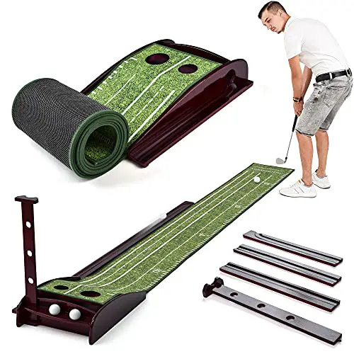Golf Putting Green Mat for Indoor & Outdoor Practice Use – Mini Golf Course with Auto Ball Return and Included Baffle – Velvet Crystal Mat with Durable Solid Wood Base – for Golf Lovers & Enthusiasts