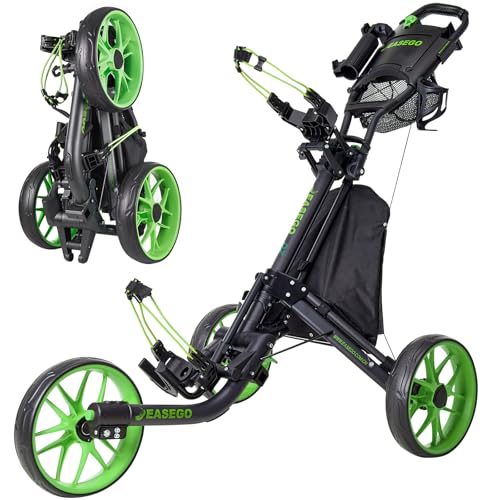 EASEGO Golf Push Cart 3 Wheel : Golf Bag Cart Foldable with Phone/Cup/Umbrella Holder Compact Golf Pull Carts Quick Fold Golf Caddy Push Carts with Large Wheelbase for Different Terrain (Lemon Green)