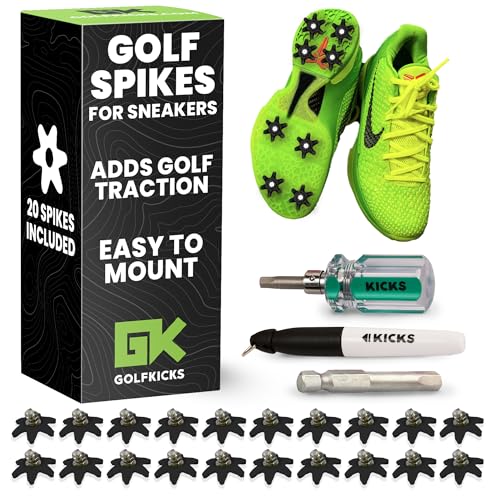 Golfkicks DIY Golf Shoe Spike Kit – Transform Your Sneakers into Golf Shoes – Fun Gift, Easy Project – Cleats Compatible with Flat Rubber Sole Shoes – Includes 20 Spikes and mounting Tools