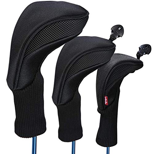 Black Golf Club Head Cover for Driver Fairway 3 Pcs Woods Headcovers, Golf Accessories Hybrid Head Covers Set with Interchangeable Tags 3 4 5 7 X (Black)